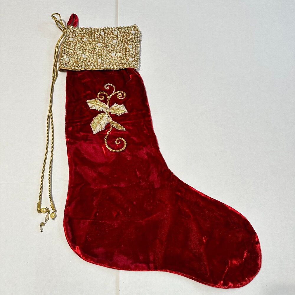 Mark Roberts Red Beaded Christmas Rayon Silk Polyester Stocking